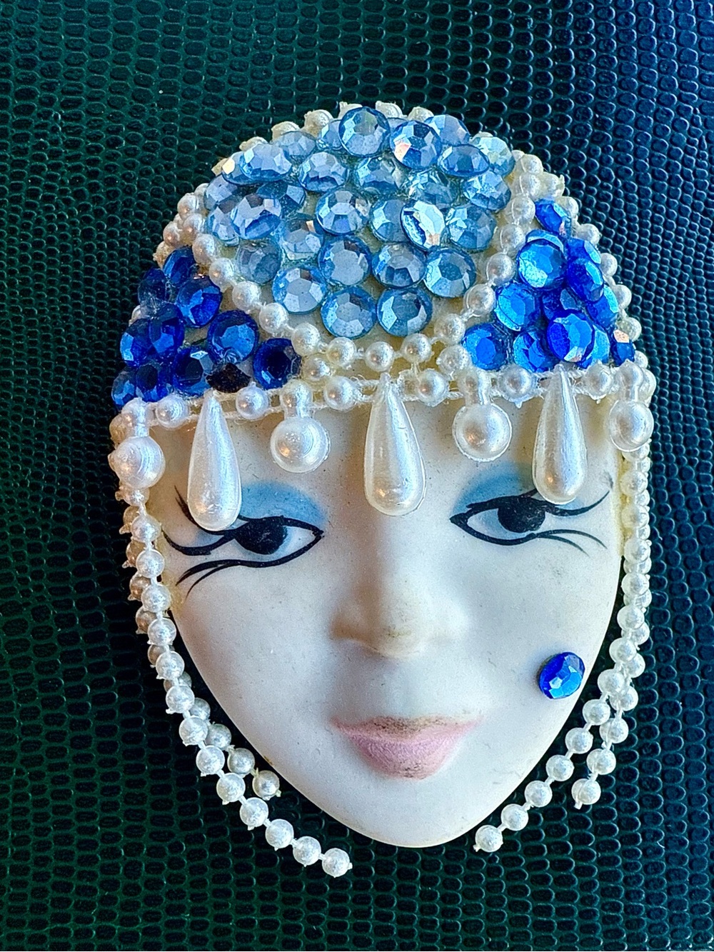 Vintage Signed GABY P 1986 Figural Face Brooch with Rhinestones and Pearls